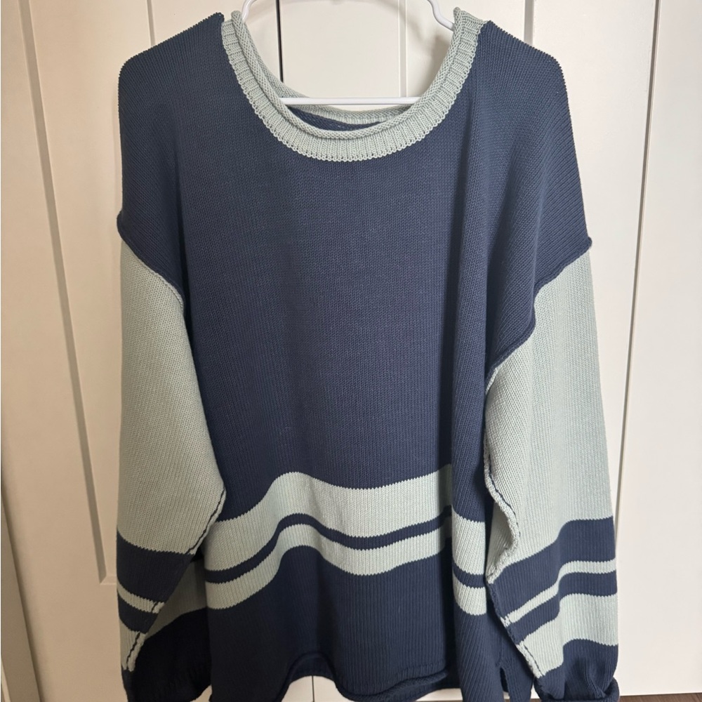 NWT We The Free Ella Colorblock Roll Neck Knit Sweater Blue Combo 97% Cotton - Picture 3 of 7